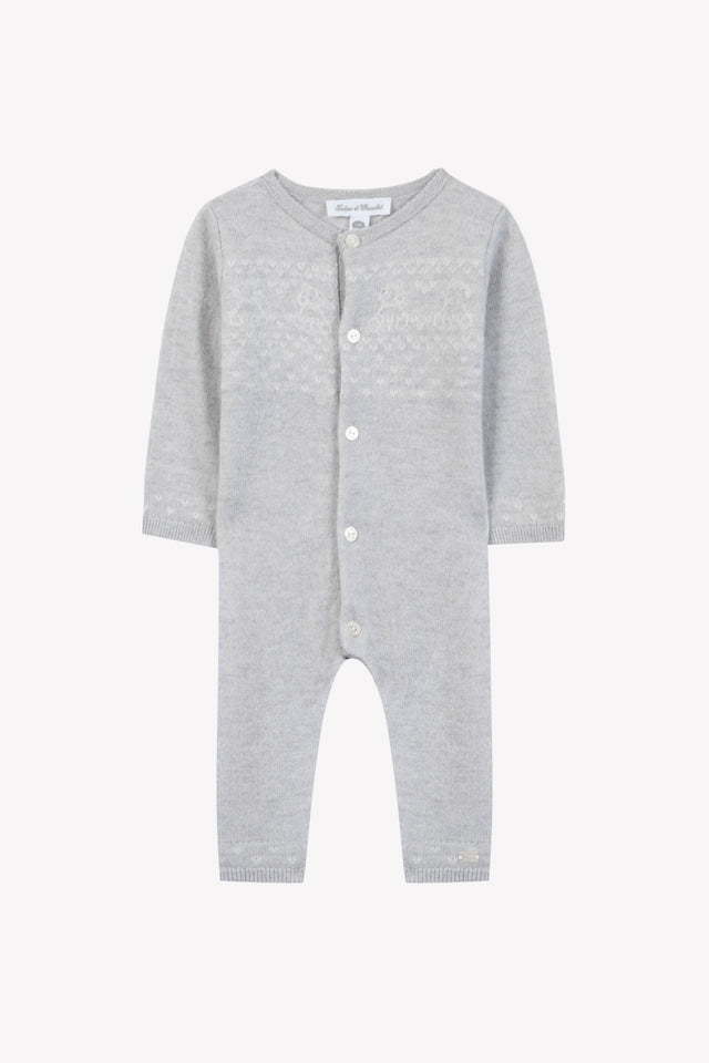 Combinaison longue - Gris chiné laine col rond broderie - Image principale