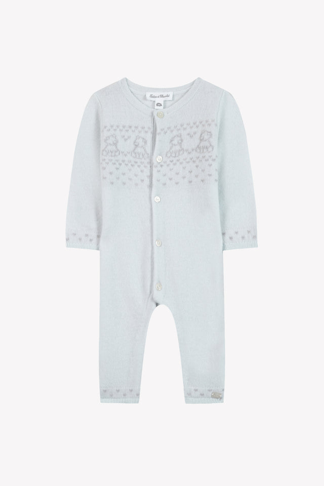Combinaison longue - Bleu ciel laine col rond broderie - Image principale