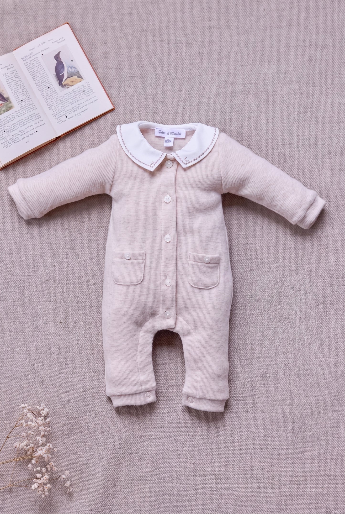 Langer Overall - Beige Baumwollheide Peter-Pan-Kragen