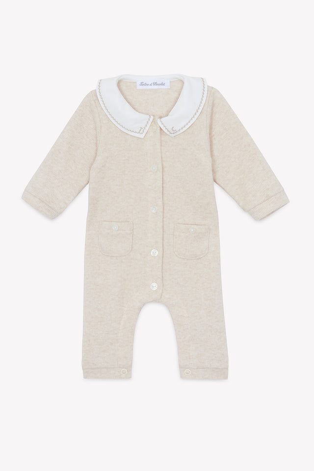Combinaison longue - Beige chiné coton col Claudine - Image principale
