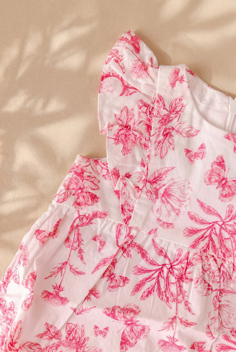 Combinaison courte - Rose coton imprimé inspiration toile de jouy - Image principale