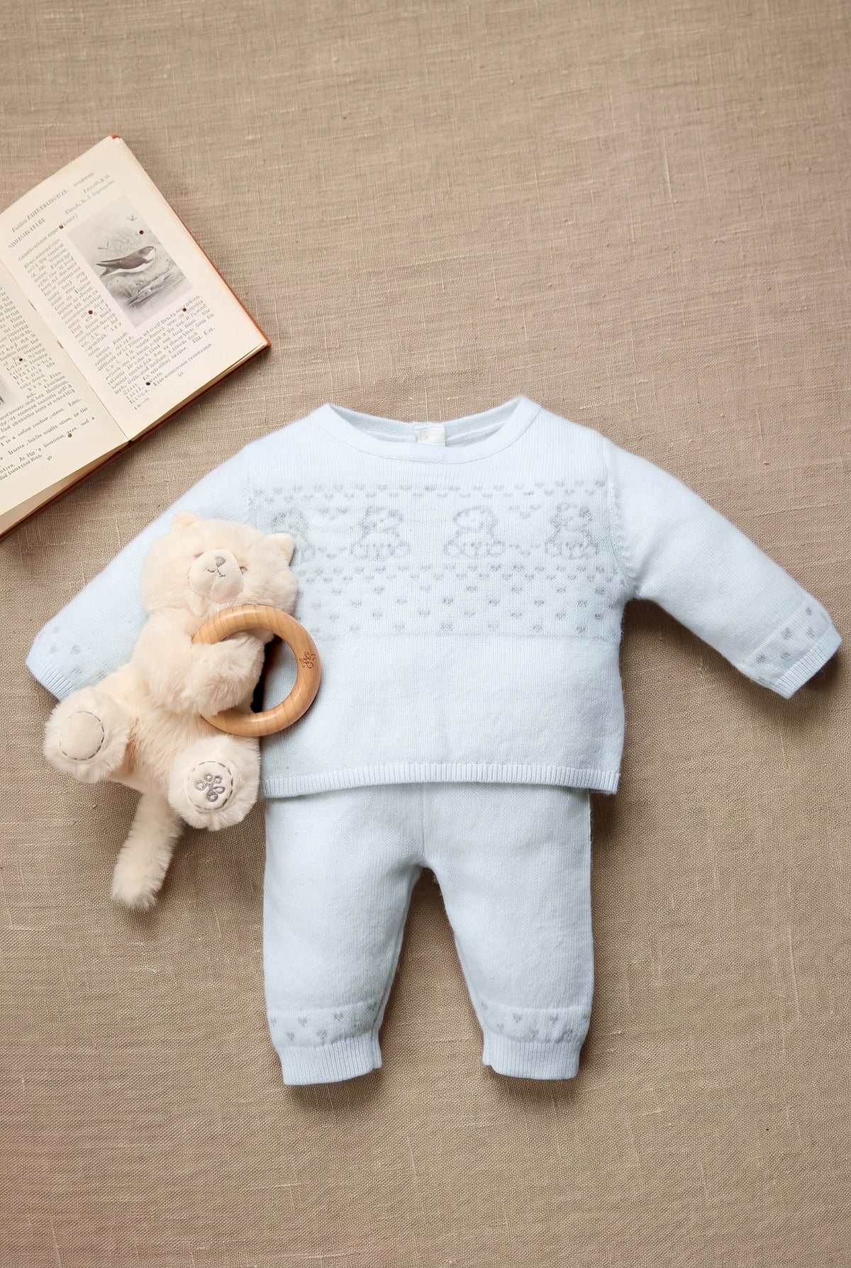 Ensemble long - Bleu ciel laine ourson