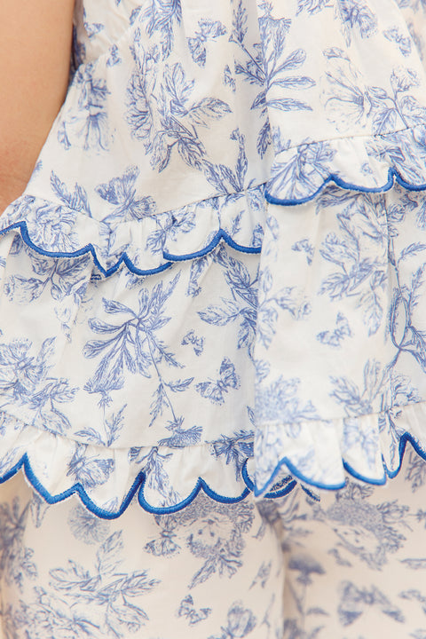 Ensemble court - Bleu coton imprimé inspiration toile de jouy - Image principale