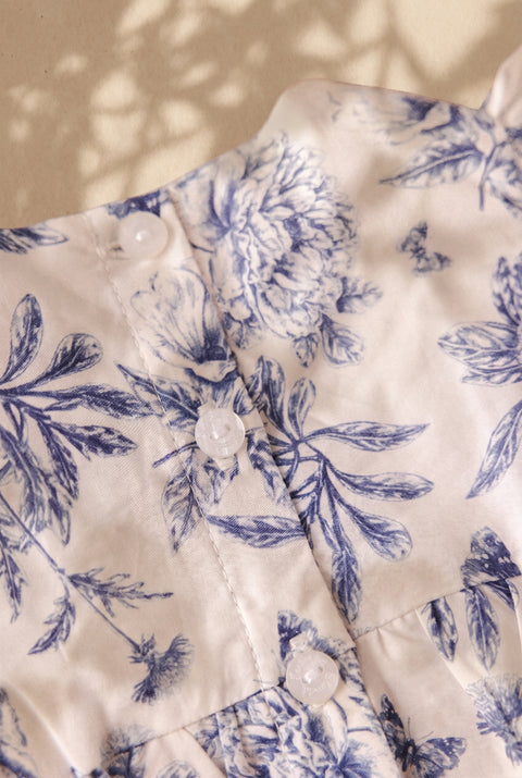 Ensemble court - Bleu coton imprimé inspiration toile de jouy - Image principale