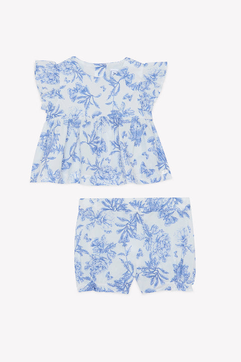 Ensemble court - Bleu coton imprimé inspiration toile de jouy - Image principale