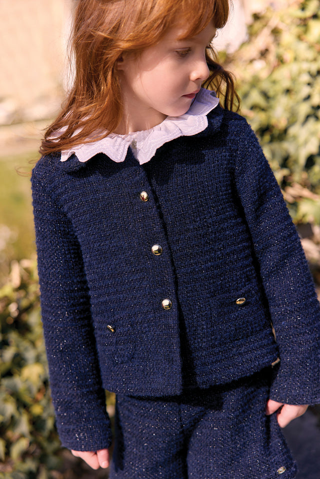 Veste - Marine col claudine tweed boutons dorés - Image principale