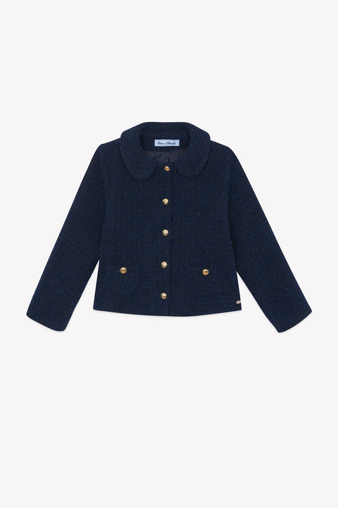 Veste - Marine col claudine tweed boutons dorés - Image principale