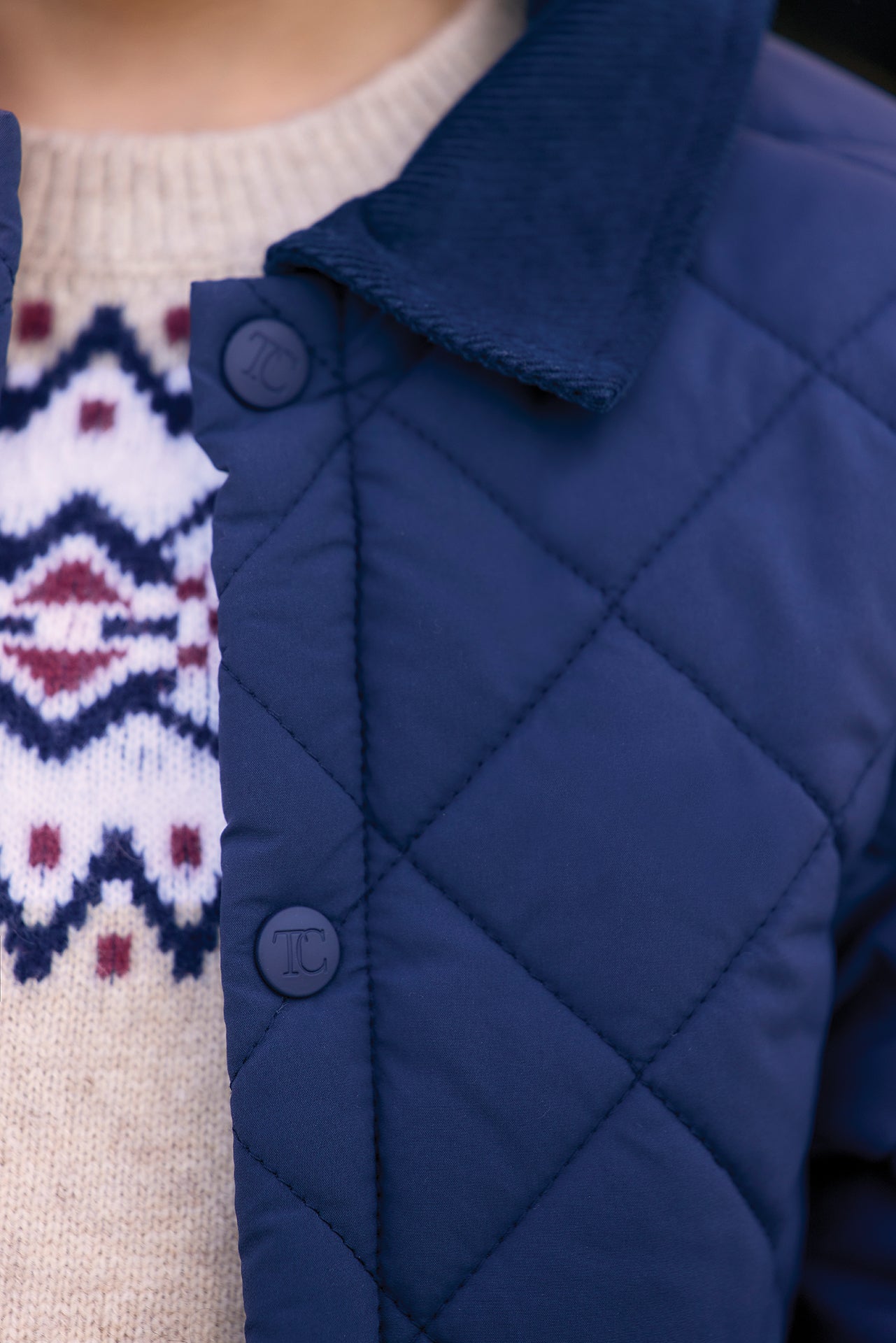 Manteau - Marine matelassé col pointu côtelé