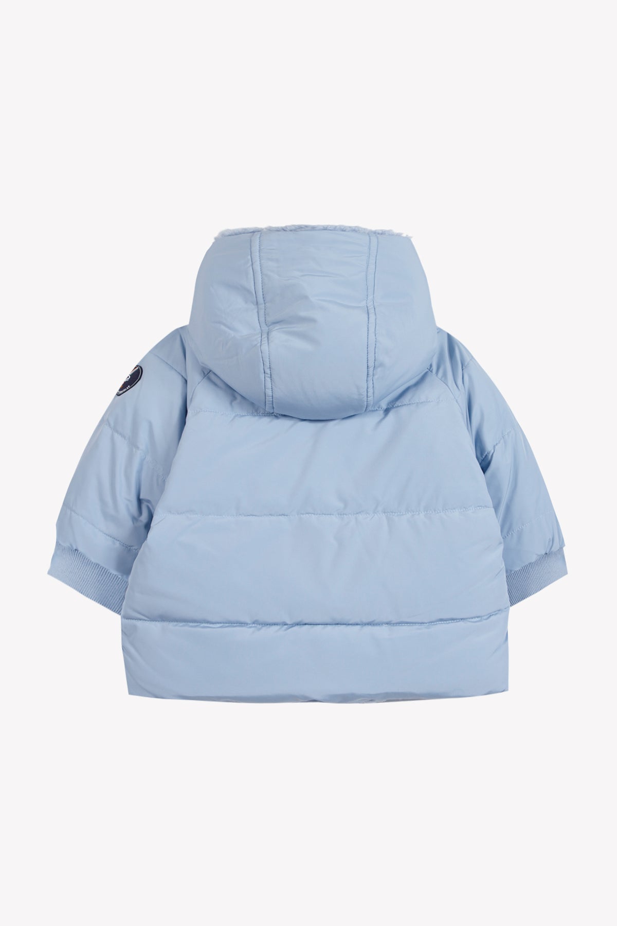 Jas - blauw gewatteerd met kap van krullend nep bont