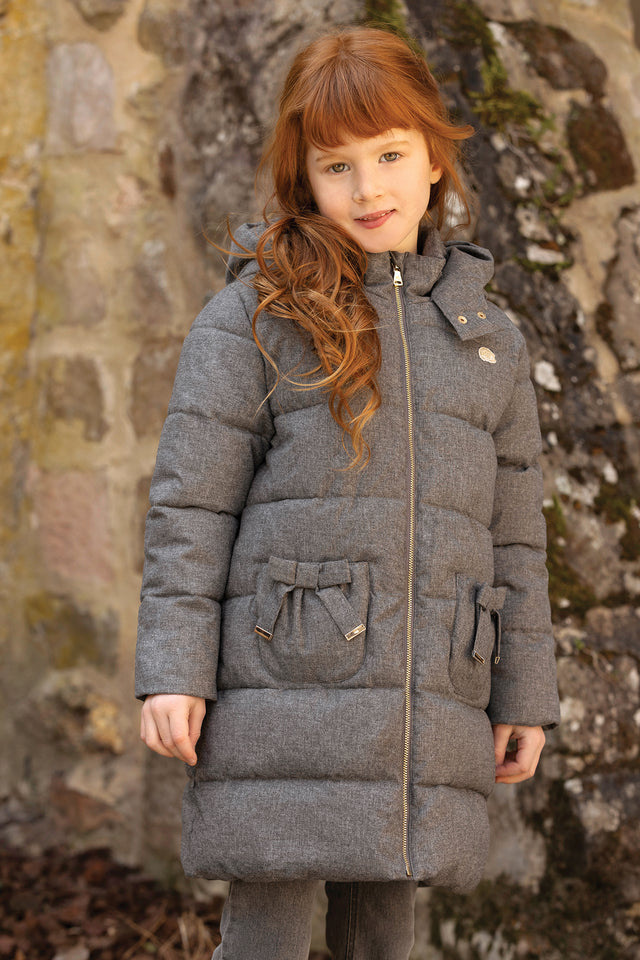 Manteau - Gris chiné capuche nœuds - Image principale