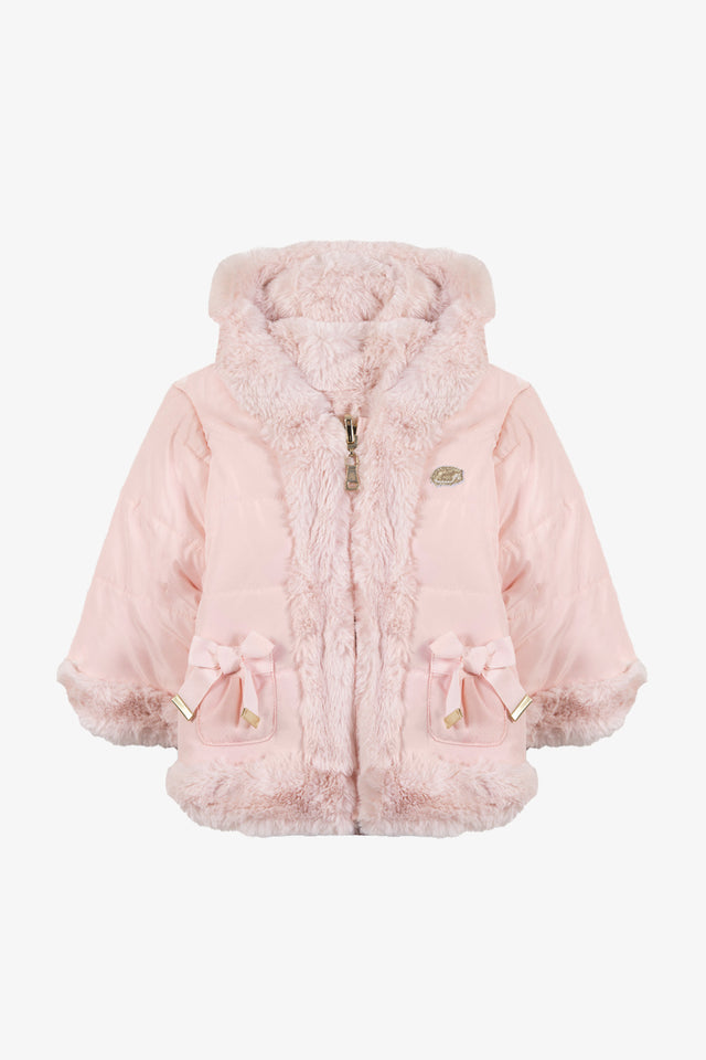 Manteau - Rosée imitation fourrure capuche - Image principale