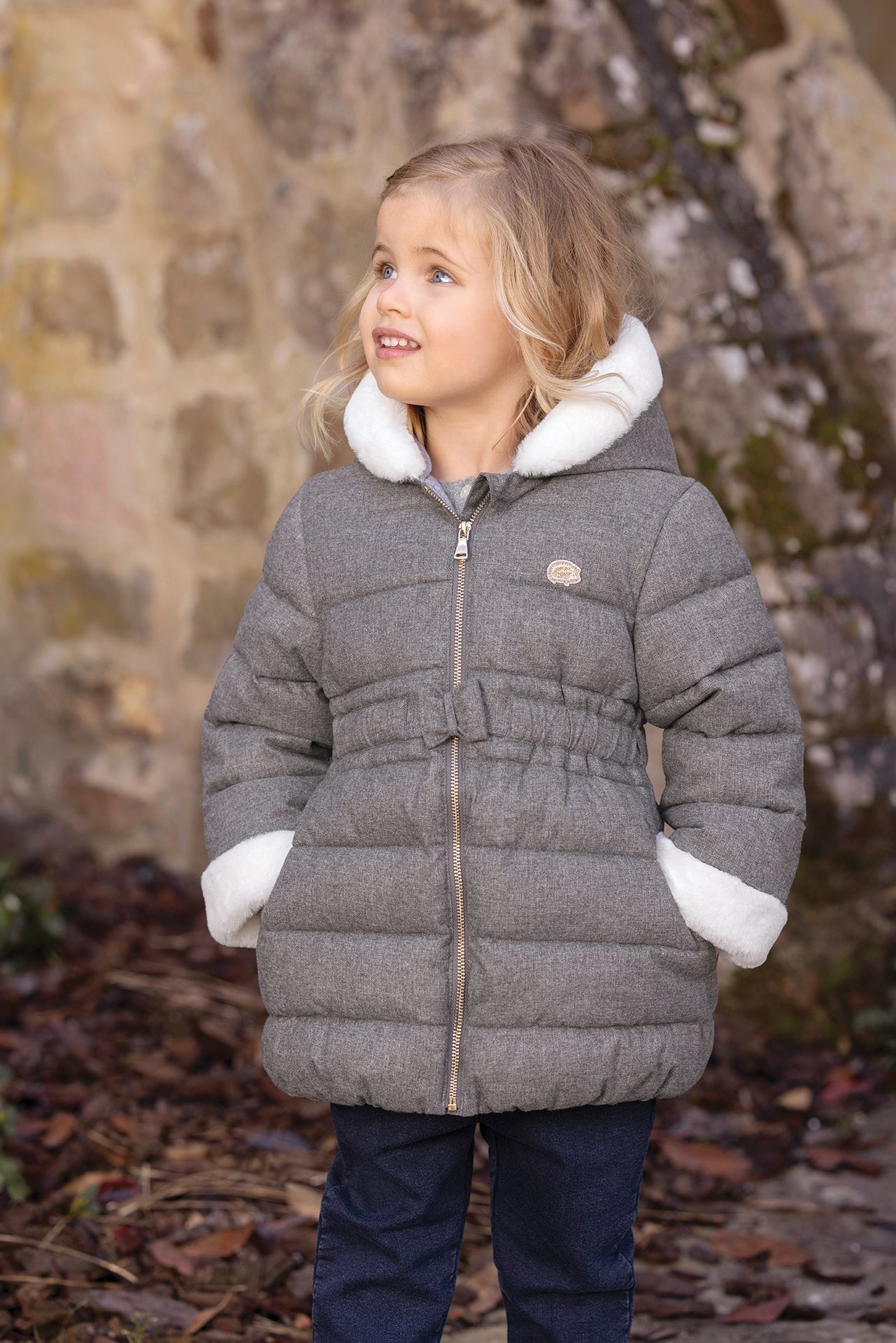 Manteau -  Gris chiné capuche imitation fourrure