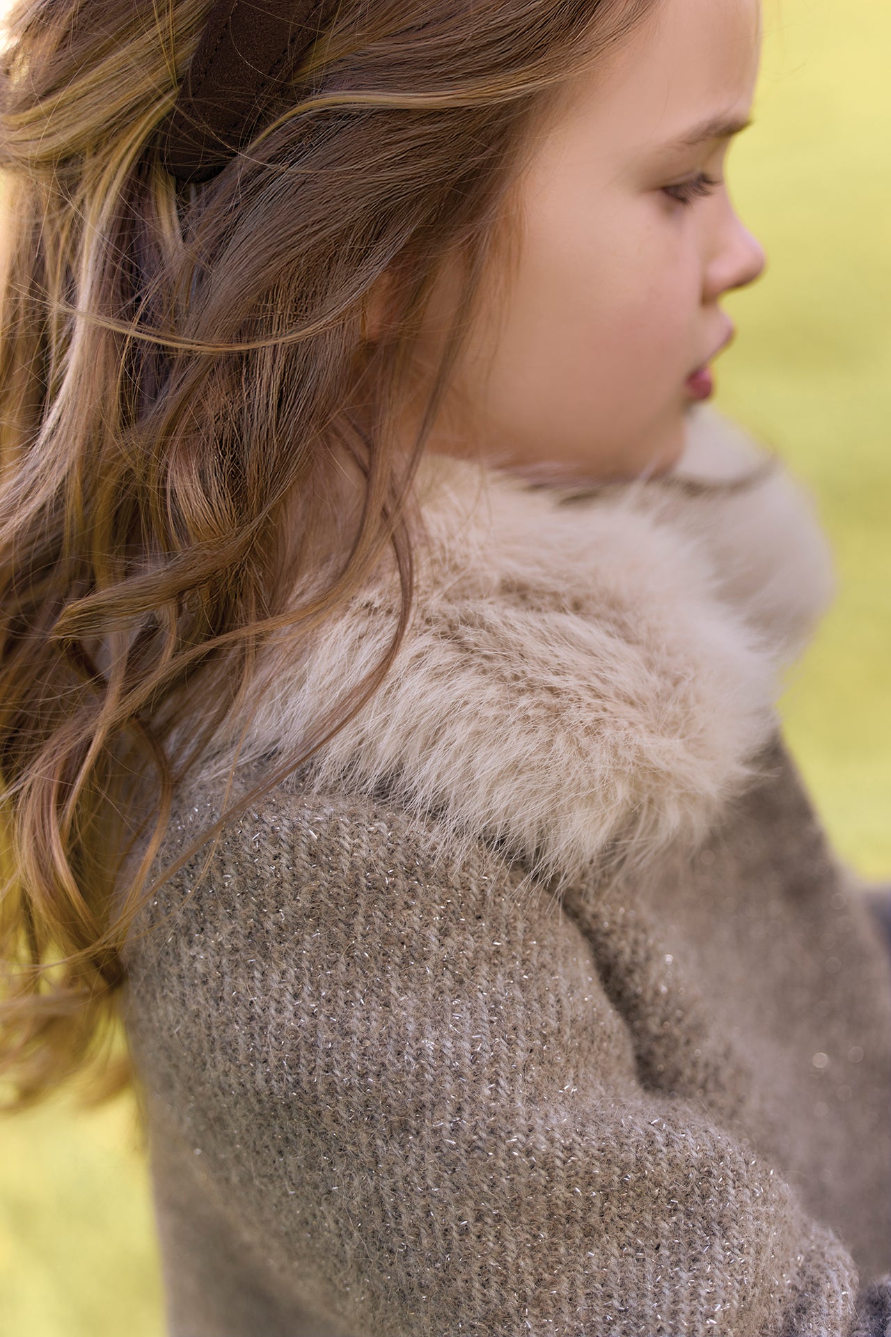 Manteau - Beige moyen tweed col imitation fourrure