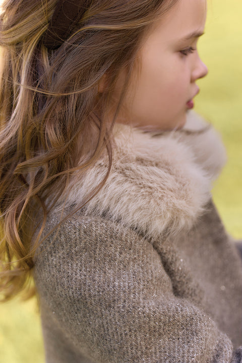 Manteau - Beige moyen tweed col imitation fourrure - Image principale