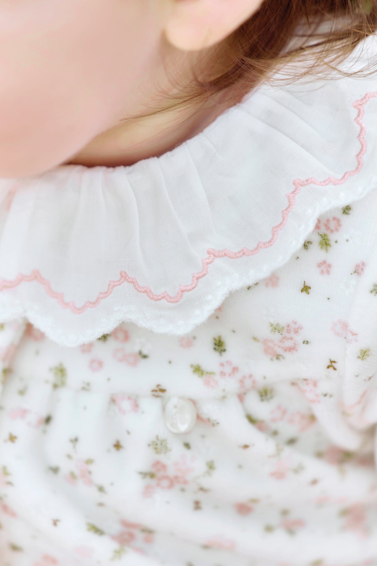 Pyjama - Ecru coton col volanté fleurs