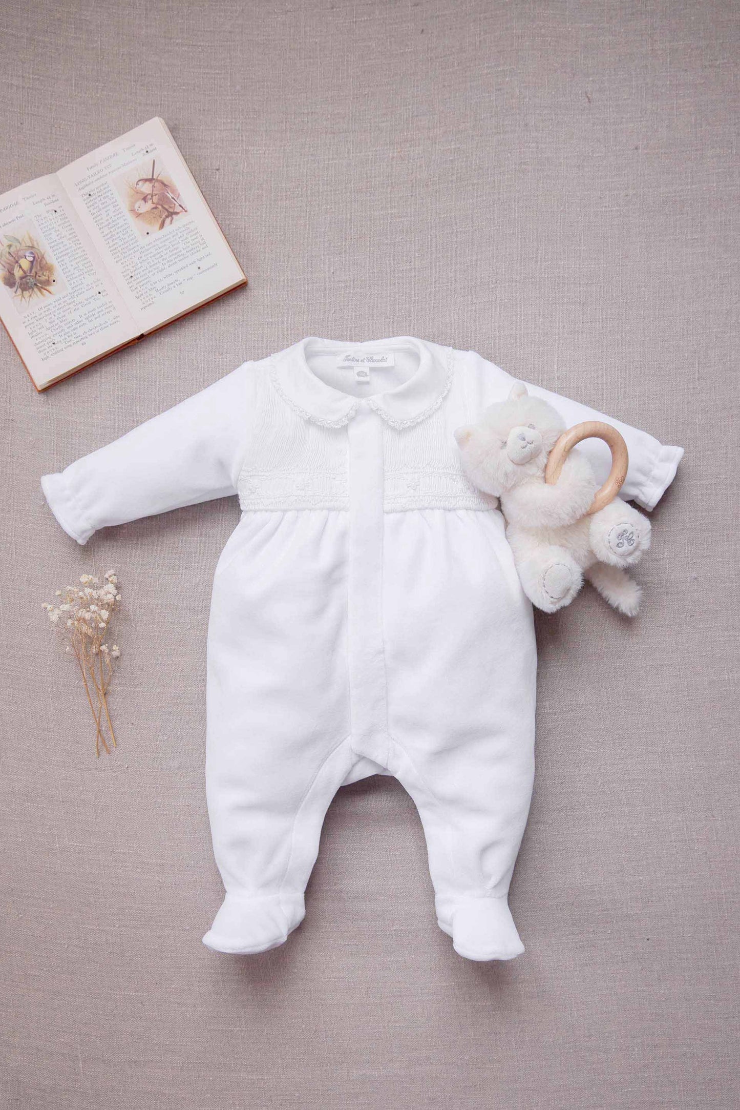 Pyjama - Blanc coton col Claudine dentelle fine