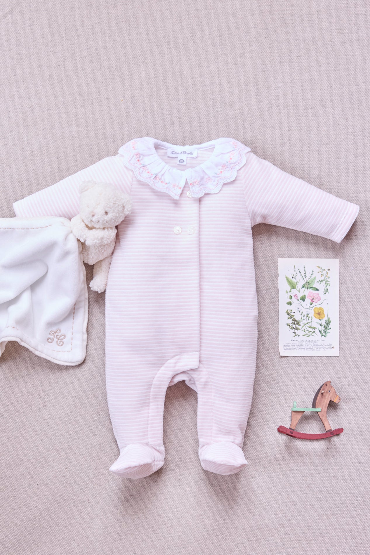 Pyjama - Rose pâle velours rayures col volanté