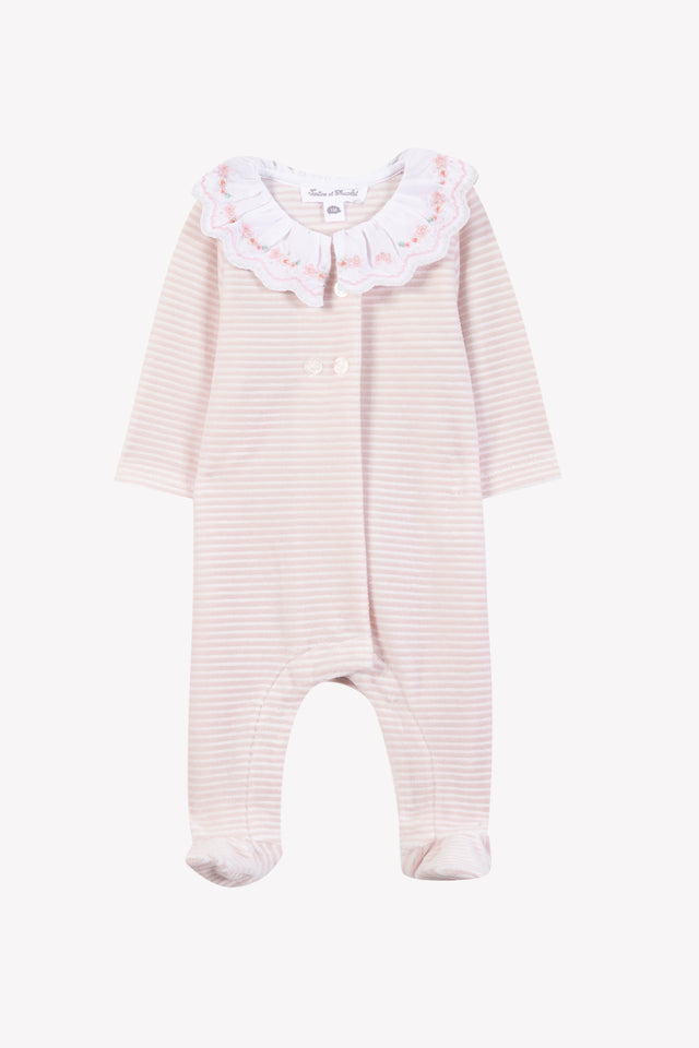 Pyjama - Rose pâle velours rayures col volanté - Image principale