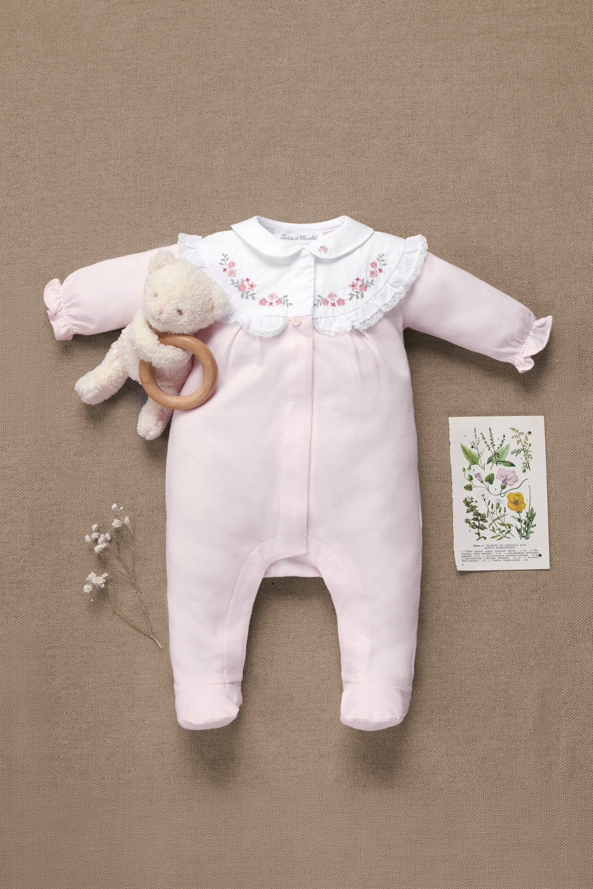 Pyjama - Rose pâle coton col Claudine fleurs