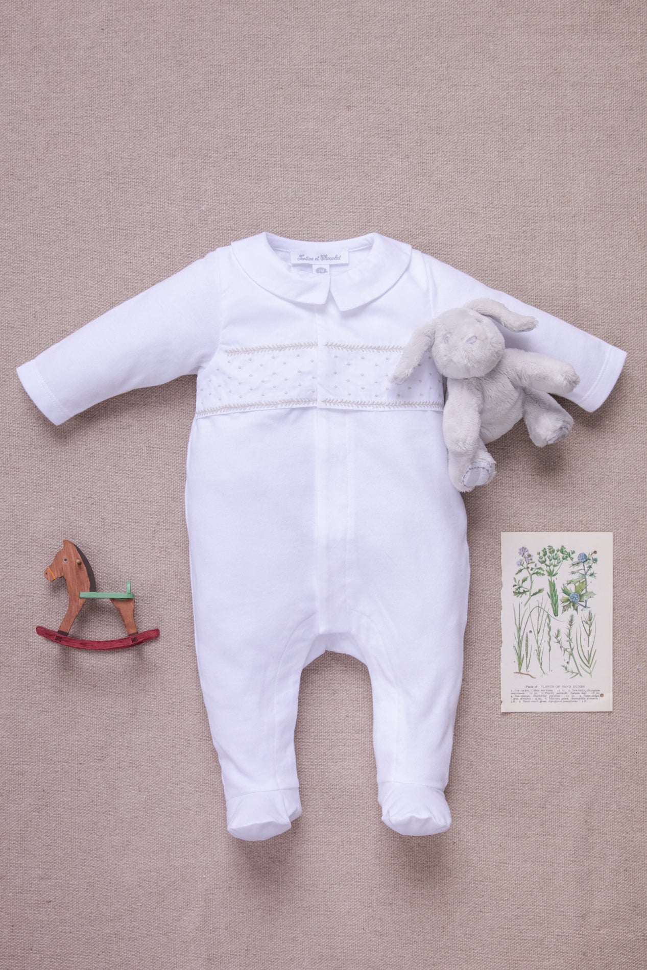 Pyjama - Blanc coton col pointu broderie