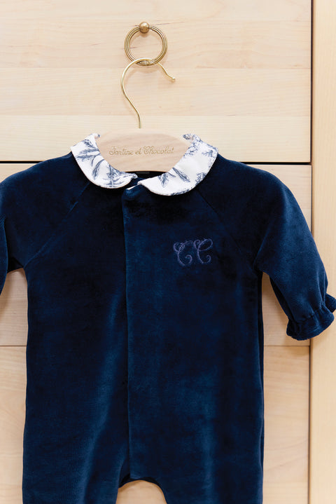 Pyjama - Bleu velours imprimé inspiration toile de jouy - Image principale