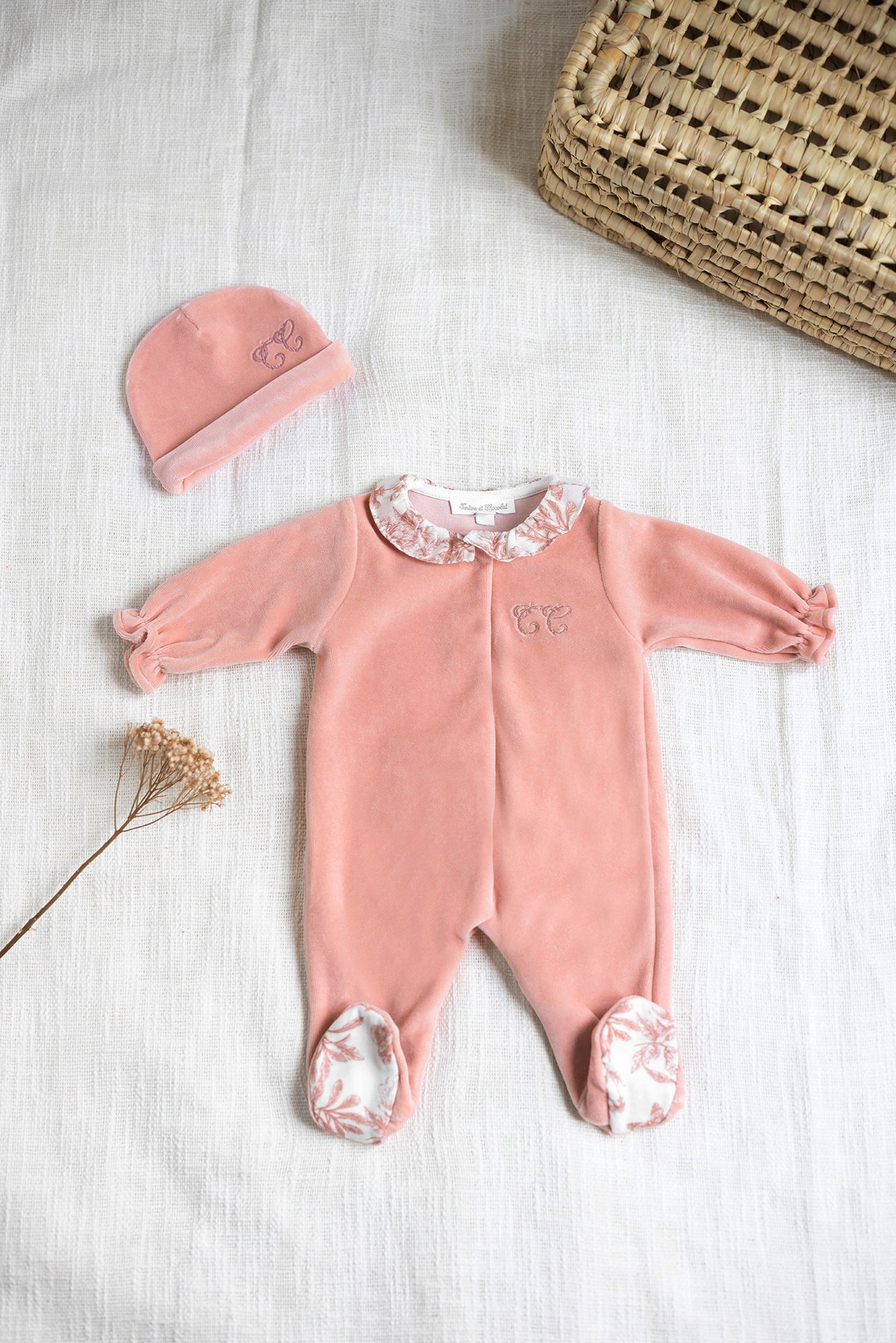 Pyjama - Rose en velours imprimé inspiration Toile de jouy