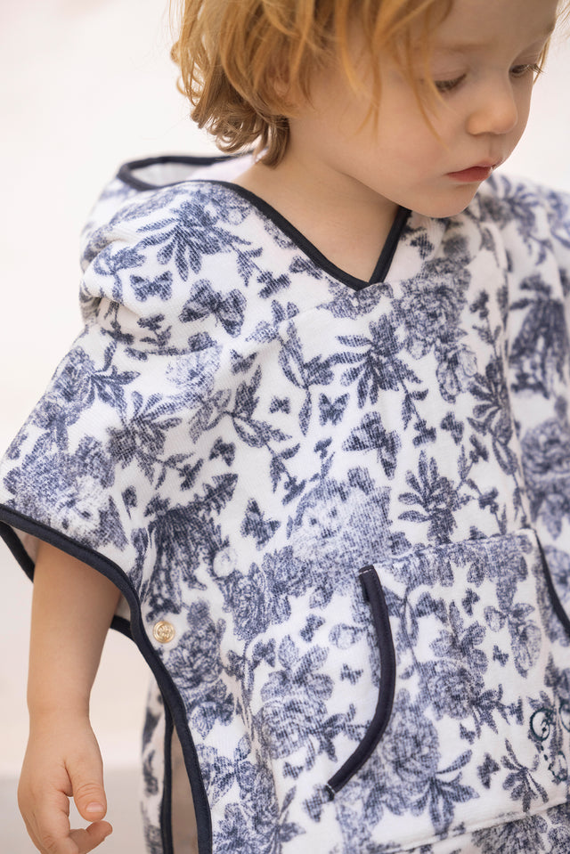 Poncho de baño - Algodón Estampado inspiración Toile de Jouy azul marino - Image principale
