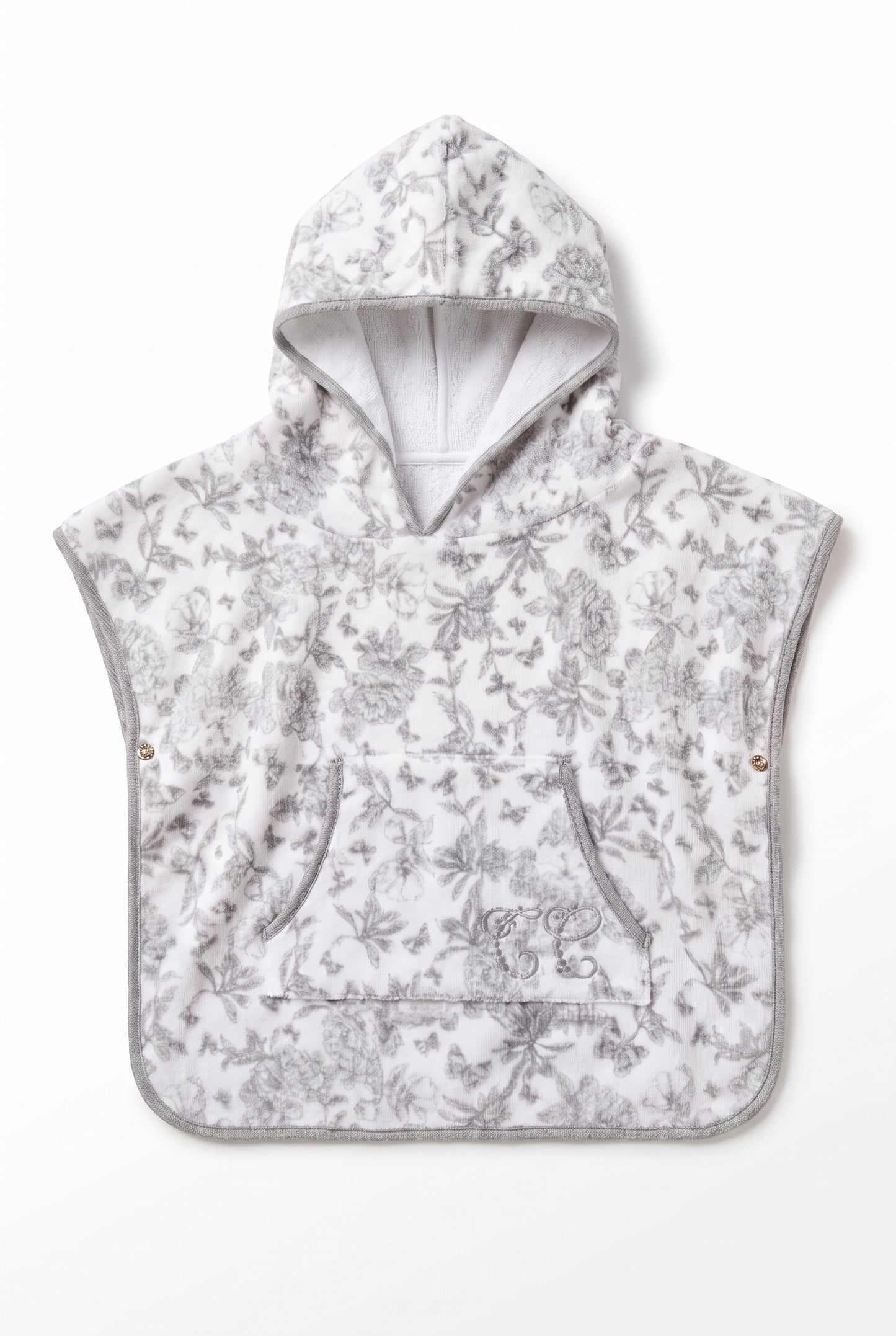 Poncho de bain - Coton imprimé inspiration Toile de Jouy gris clair