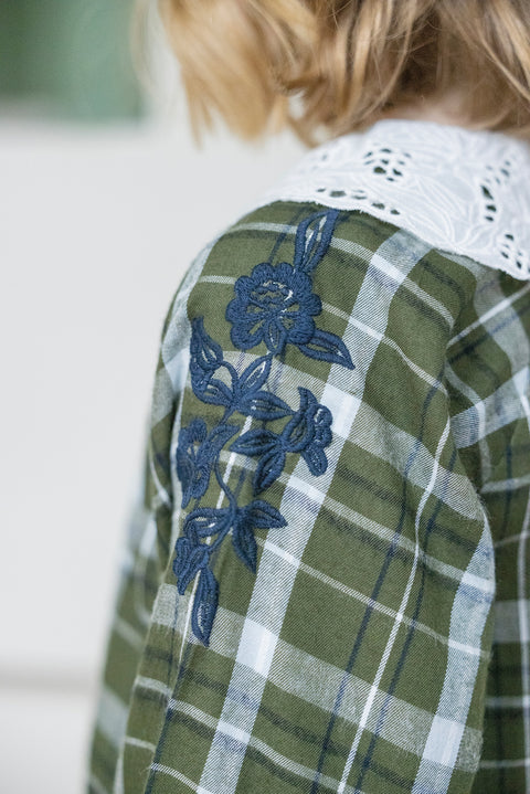 Khaki Kleid Karo Kragen offene Arbeiten - Image principale