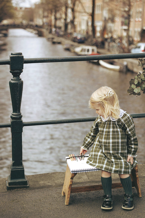 Robe  - Kaki carreaux col ajouré - Image principale