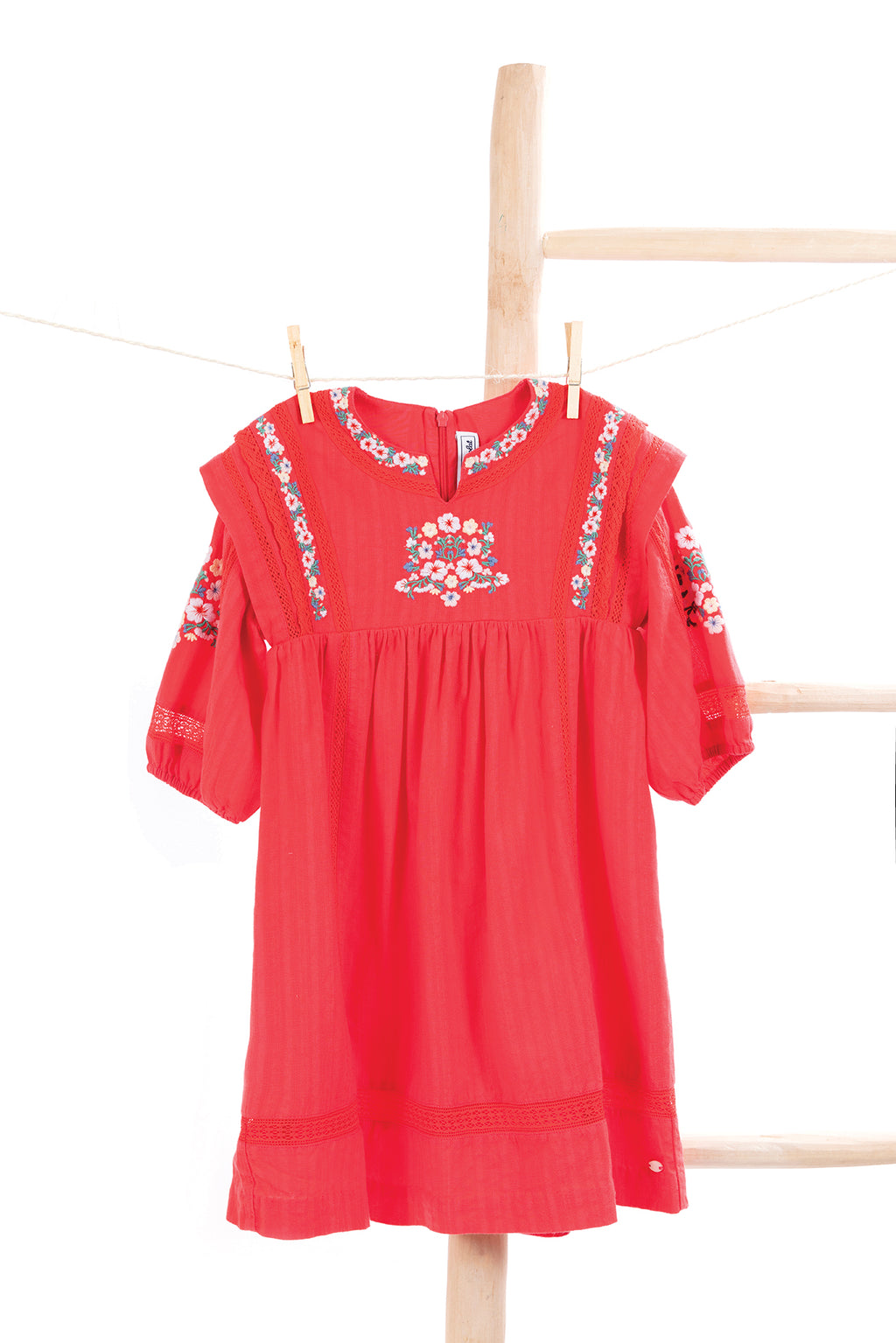 Dress - Red Floral embroidery