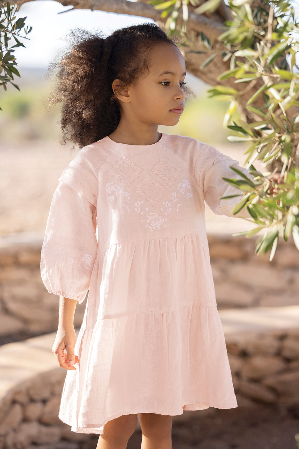 Dress - Pale pink embroidery Linen