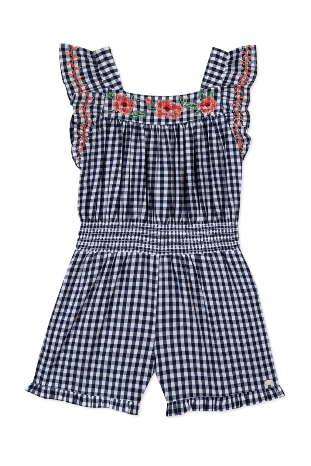 Jumpsuit short - Navy Two-tone gingham embroidery