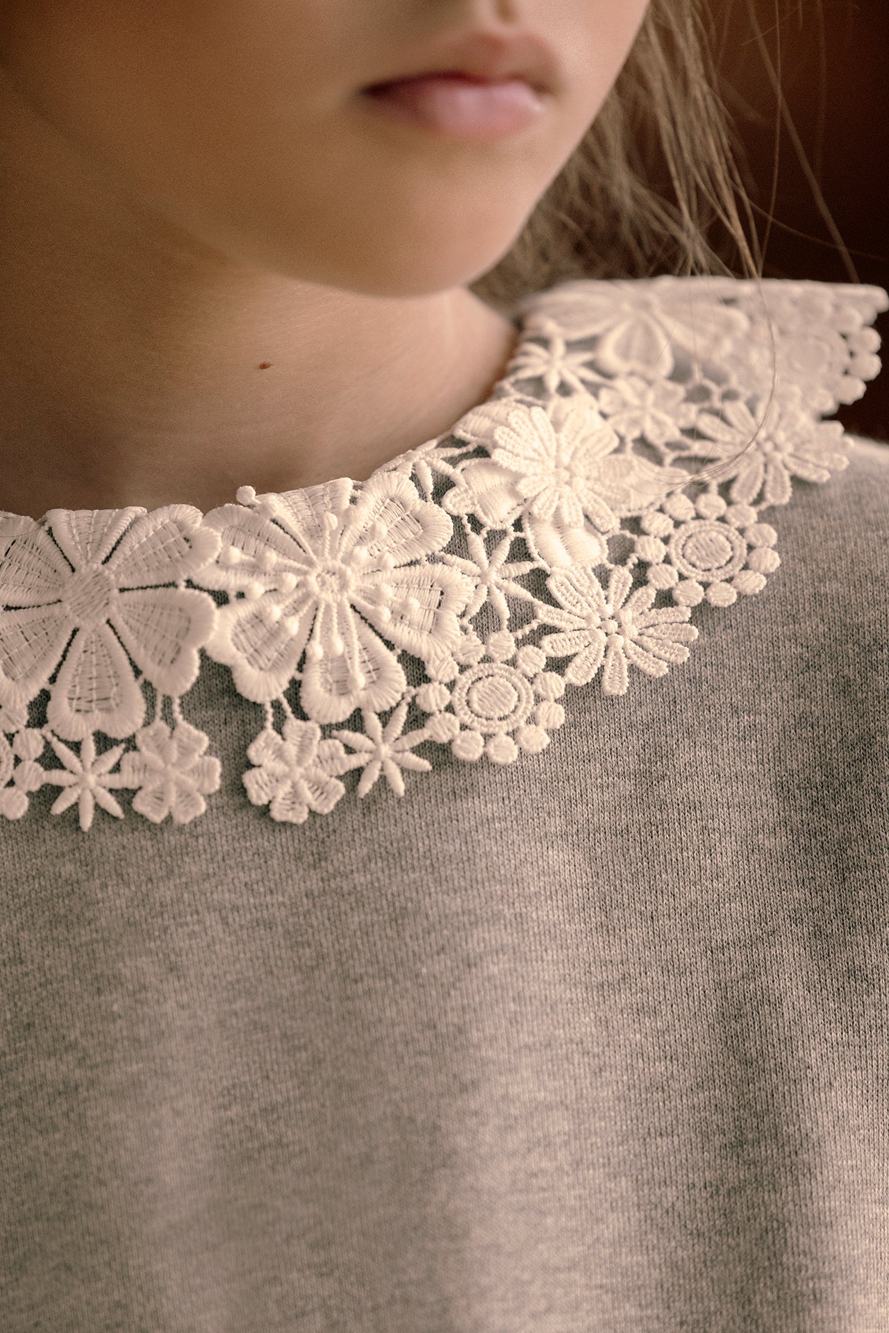 Sweatshirt - Hellgrau Kragen flechten Stickerei