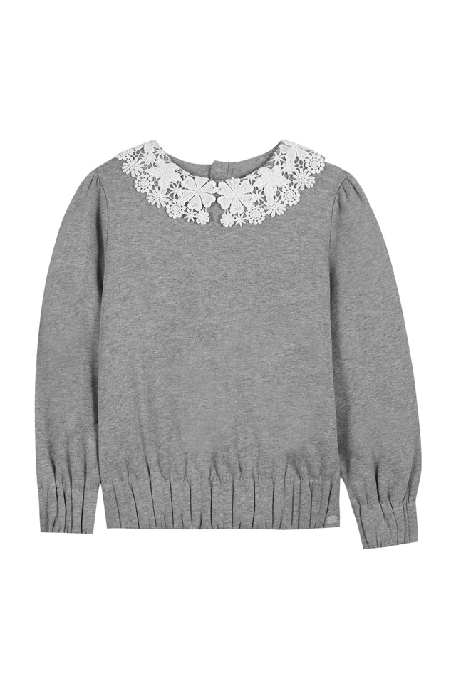 Sweatshirt - Hellgrau Kragen Borte Stickerei - Image principale