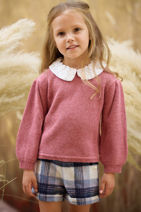 Pullover - Rosa Kragen mit Borte und Stickerei - Image principale
