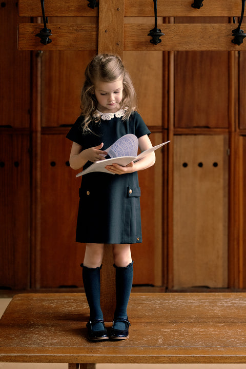 Kleid - Marineblaues Kleid mit Spitzenkragen - Image principale