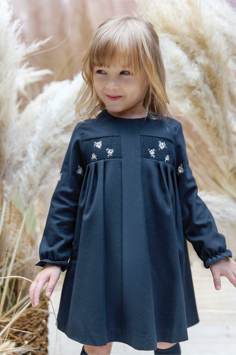 Kleid - Marineblau gesmokt gestickt - Image principale