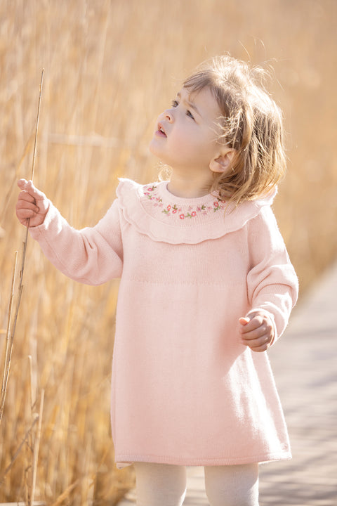 Kleid - Strickwaren blassrosa Blumenstickerei - Image principale