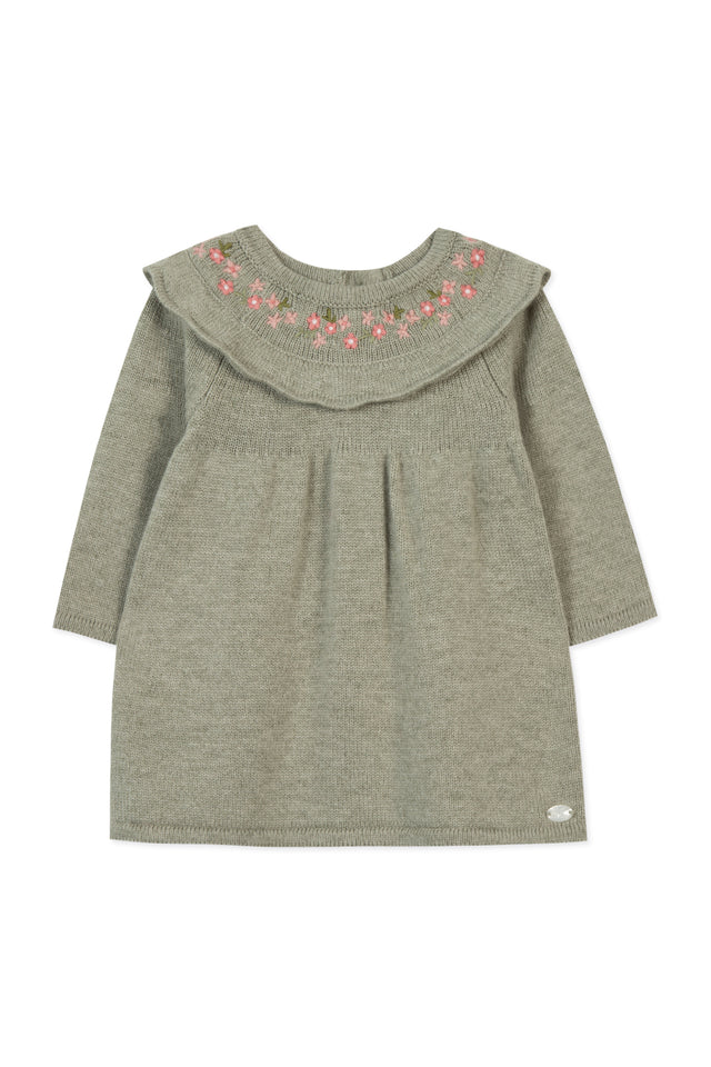 Kleid - Strickwaren Grün Blumenstickerei - Image principale