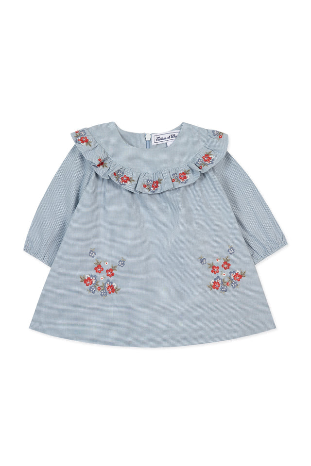 Kleid - Blau Gingham und florale Stickerei - Image principale