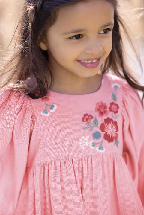 Robe - Rose vichy et broderie fleurie - Image principale