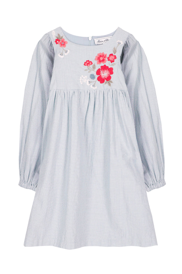 Kleid - Blaues zweifarbiges Gingham mit Blumenstickerei - Image principale