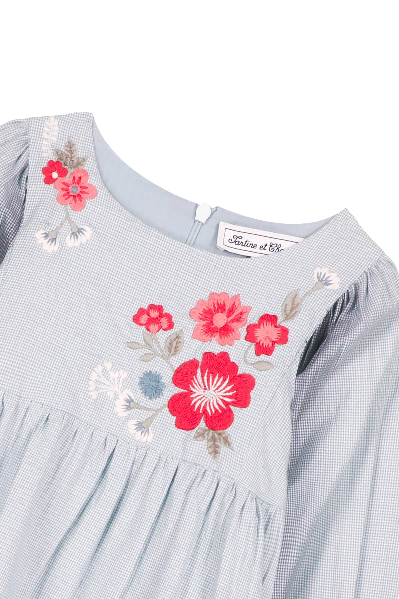 Robe - Bleu vichy et broderie fleurie