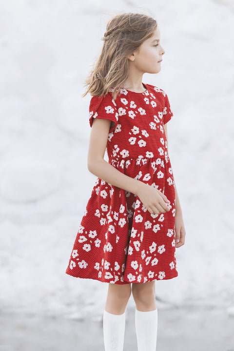 Jurk - Jacquard Bloemen rood - Image principale
