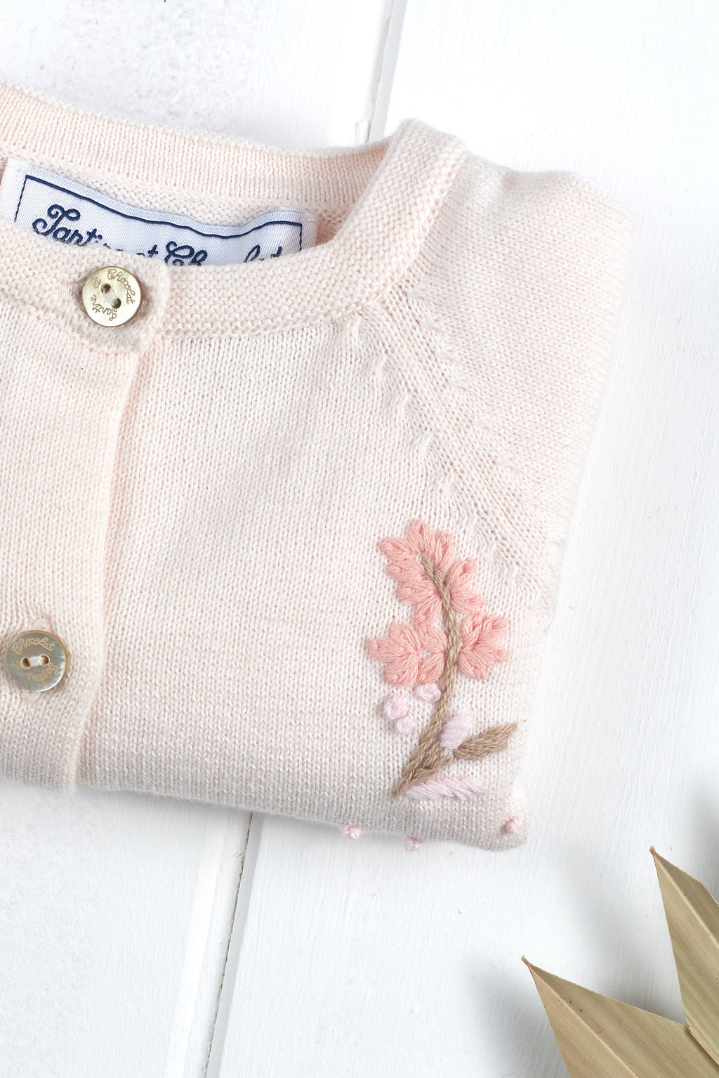 Cardigan - Tricot Coton rose pâle broderies fleurs