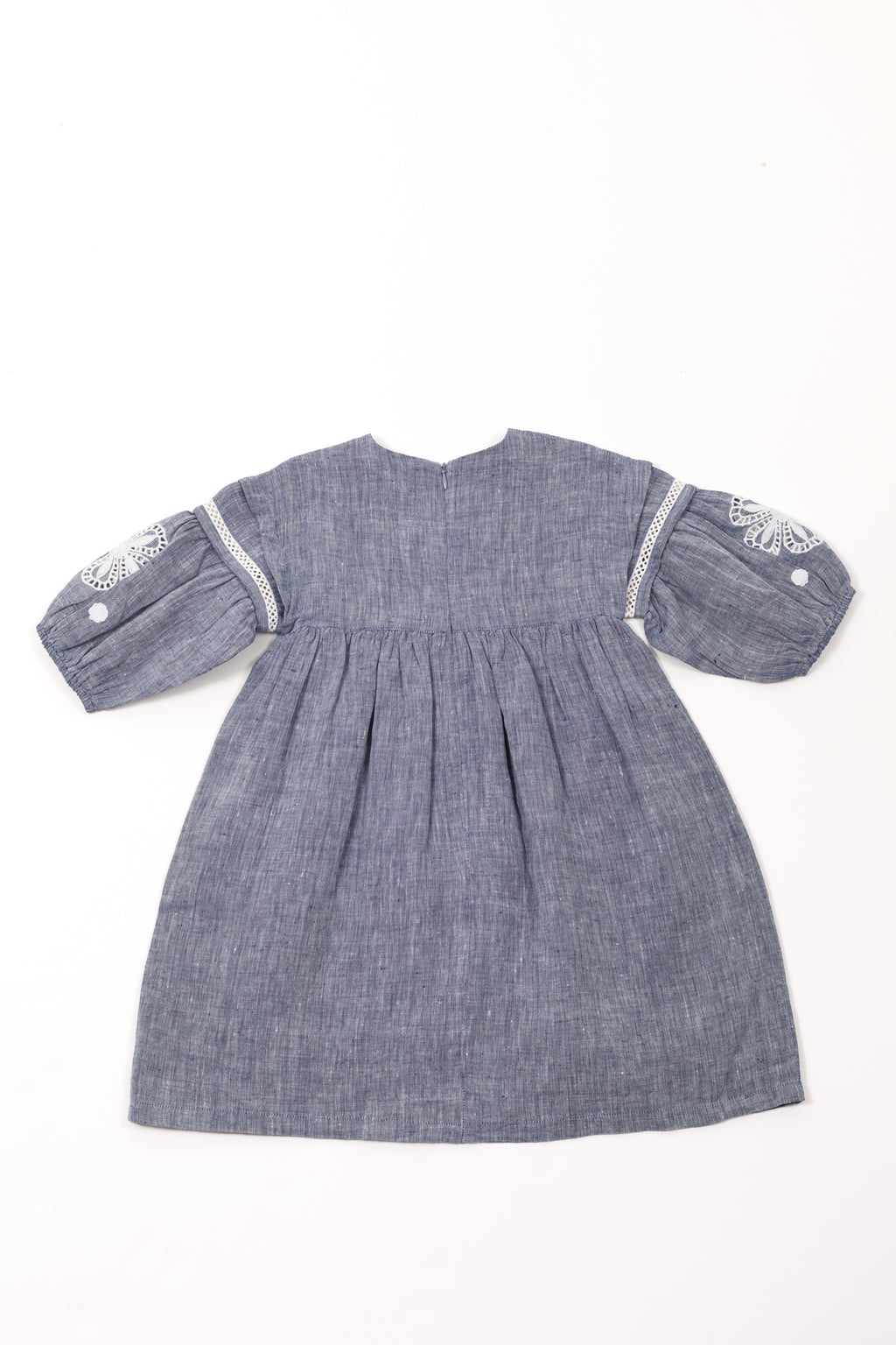 Dress - Blue Linen Embroidered