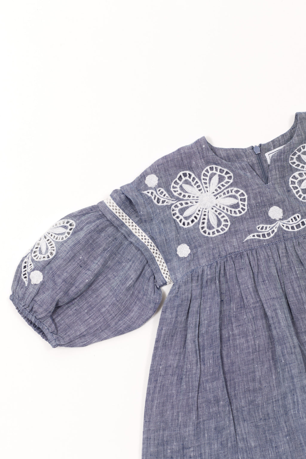 Dress - Blue Linen Embroidered