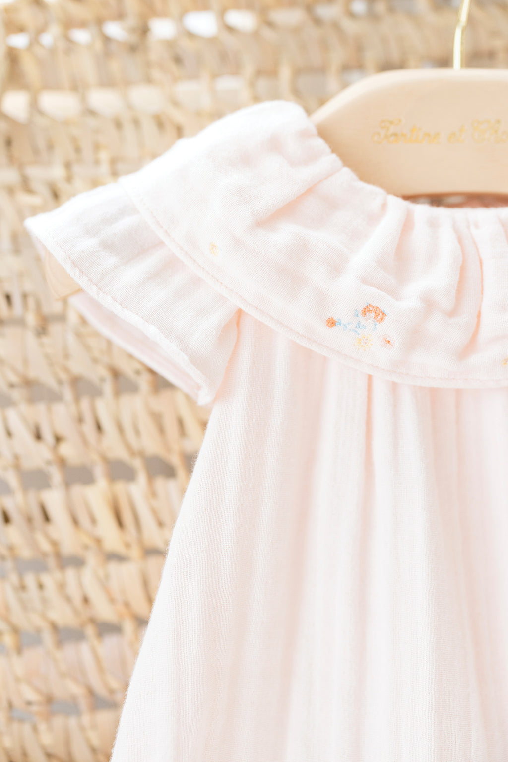Jumpsuit short - Pale pink cotton gauze Embroidered